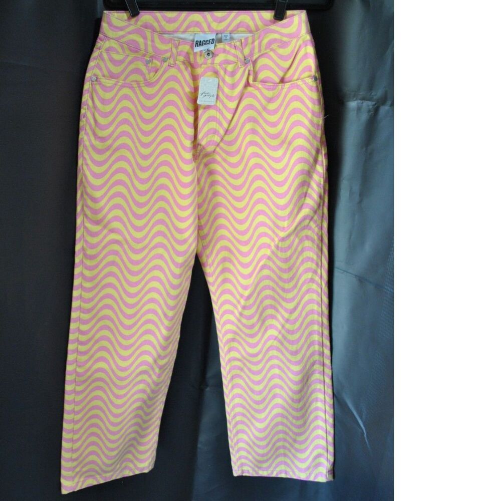 The Ragged Priest Pink & Yellow Wave Dad Jeans Size 32 New with Tags